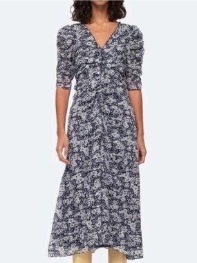 Sea New York Suzie Ruched Midi Dress Blue Puff Sleeve XS Floral Garden Summer